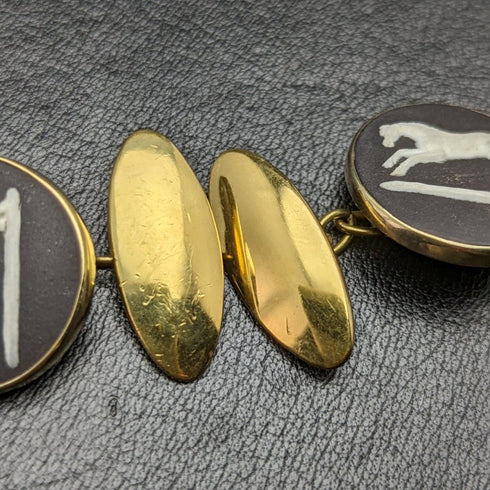 英國復古 Wedgwood 馬浮雕純銀袖扣帶金色裝飾